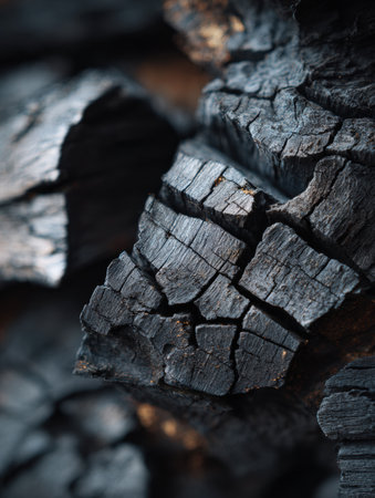 Close-up view highlights the textures and cracks in charcoal, demonstrating its dense structure and natural beauty.の素材