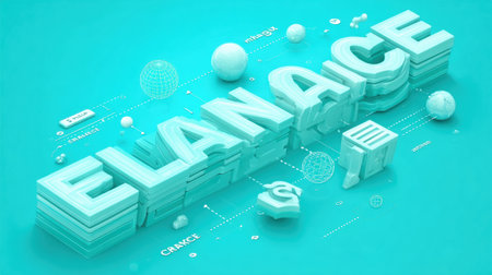 A turquoise backdrop showcases the 3D name Elanice with geometric shapes for an engaging visual scene.の素材