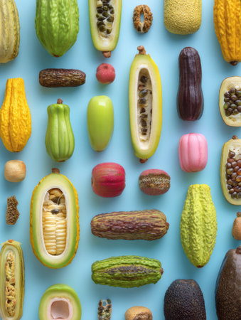 Tropical fruits are artfully displayed on a blue surface, showing their unique shapes and vibrant colors.の素材