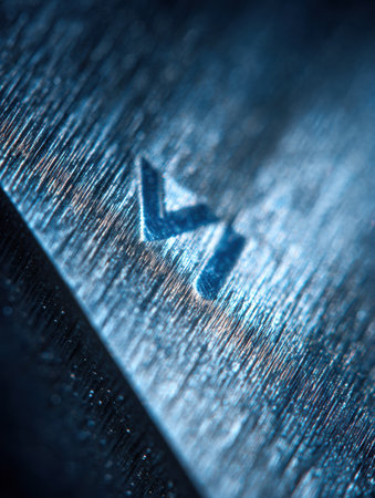 Engraved metal surface features a unique symbol, showing precision and quality under bright light.の素材