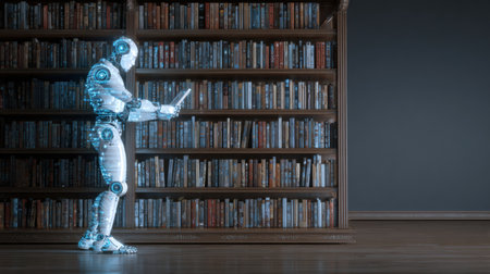 A futuristic robot examines a book in a library, blending technology and literature.の素材