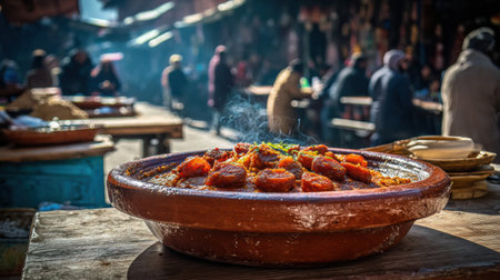 A lively market showcases a steaming platter of delicious food, highlighting the local culinary culture and community.の素材