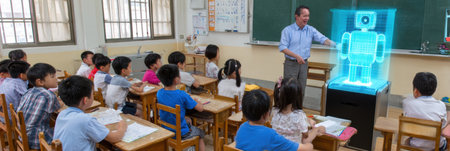 Teacher showcases a holographic robot as students engage in lively learning activities in a vibrant classroom.の素材