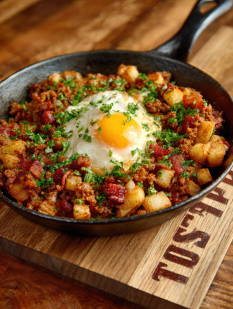 Savory skillet dish featuring ground meat and potatoes topped with a sunny-side-up egg, garnished with fresh herbs.の素材