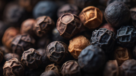 A colorful array of peppercorns showing their textures, perfect for culinary enthusiasts.の素材