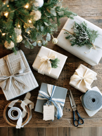 Colorful wrapped gifts arranged on a wooden table under a tree, creating a warm holiday ambiance filled with joy.の素材