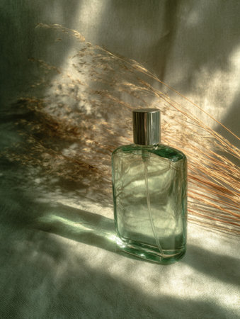 A glass bottle catches sunlight, creating reflections next to dried grass on a soft backdrop in a serene setting.の素材