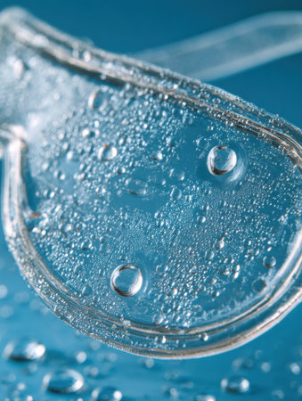 Close-up view of water droplets on a clear surface, showcasing textures and reflections against a blue backdrop.の素材