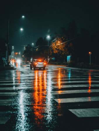 Car drives on a wet street at night. Lights reflect on the pavement and pedestrian crossing is brightly lit.の素材