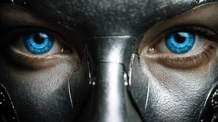 A close-up reveals a cybernetic face with vivid blue eyes and metallic features, evoking wonder.の素材