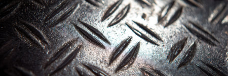 Metallic surface with a diamond pattern reflects light off textured grooves, highlighting its industrial design.の素材