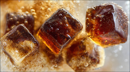 Brown sugar cubes fizz and dissolve in a refreshing drink, capturing the vibrant essence of summer.の素材