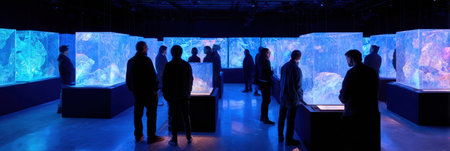 Visitors roam a modern art gallery showcasing colorful, illuminated installations with unique shapes.の素材