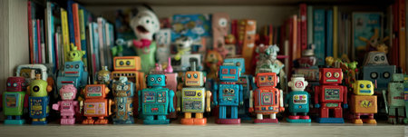 Vintage toy robots sit on a shelf with colorful books and plush characters in a cozy setting.の素材
