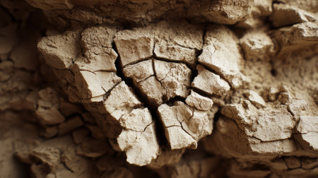 Cracked soil displays intricate patterns, reflecting sunlight in a warm outdoor setting.の素材