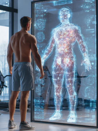 A shirtless man stands in a modern gym, interacting with a glowing hologram of a human figure.の素材
