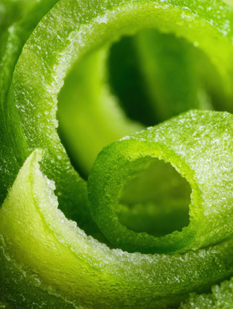 Close up view of a spiraled green vegetable segment revealing unique textures and vibrant colors in nature.の素材