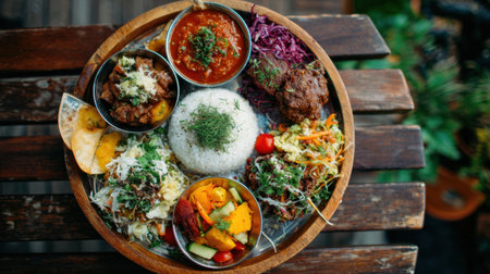 A colorful spread on a wooden platter has rice, meats, fresh veggies, and hearty soup outdoors.の素材