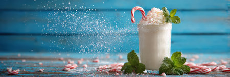 Refreshing holiday drink topped with whipped cream and crushed candy cane, surrounded by fresh mint and candy pieces.の素材