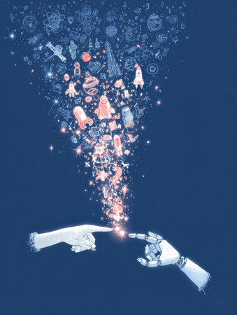 Two hands connect as they reach for a cosmic display of rockets, stars, and space-themed objects in a vibrant scene.の素材