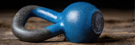 Close-up of a blue kettlebell on textured wood, showing its design and color in great detail.の素材