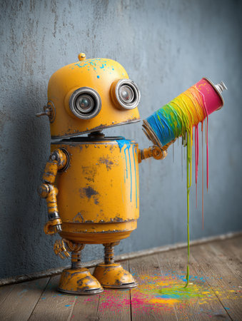 A cheerful yellow robot paints messily with vibrant colors on a wooden floor in an art studio.の素材