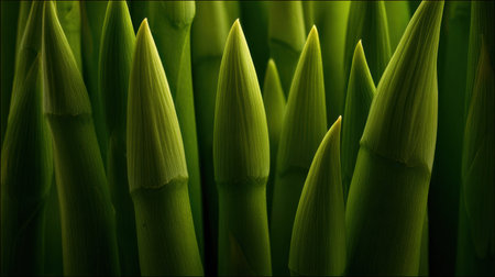 Close-up view of green asparagus spears thriving in a spring field, highlighting their sharp tips and rich color.の素材