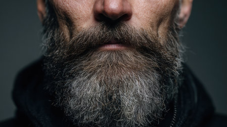 Close-up weathered, gray-bearded man against dark background.の素材