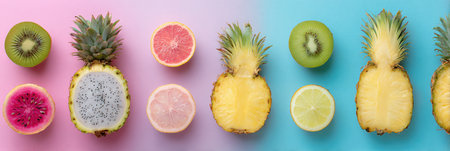Brightly arranged pineapple, kiwi, dragon fruit, and citrus on a soft pastel background highlighting their colors.の素材