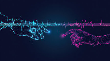 Two hands reaching out, surrounded by sound waves, symbolizing connection and creativity in a digital realm.の素材