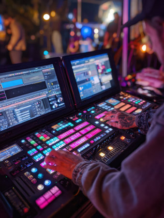 A technician uses a colorful digital sound mixer at a lively event with illuminated setups.の素材