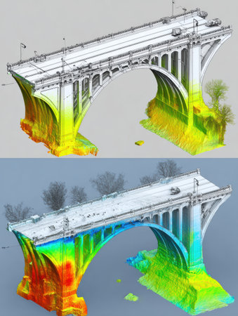 A colorful digital depiction of a bridge emphasizing its architectural and engineering features.の素材