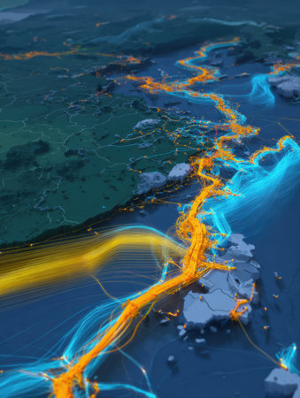 Dynamic tides create bright patterns across the ocean, showcasing land-water interaction at dusk.の素材