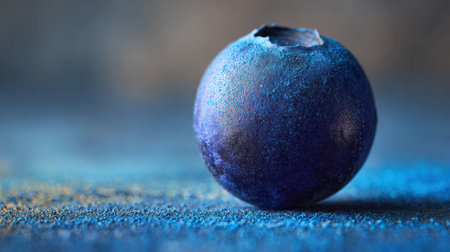 A single blueberry rests on a vibrant, textured surface, highlighting its rich color and fine details.の素材