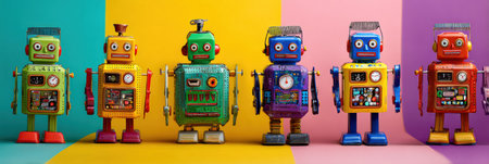 Six colorful toy robots stand in a line, each with unique features, against a bright striped background.の素材