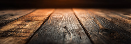 Soft light illuminates the textured wooden floor, enhancing the rustic charm in a warm and inviting environment.の素材