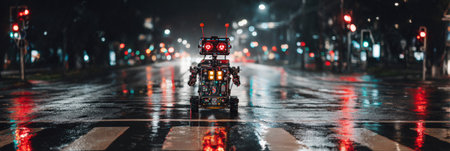 A small robot navigates a deserted urban street at night, surrounded by glowing traffic signals and glistening puddles.の素材