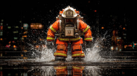 A firefighter in an orange suit stands in water at night, lit by city lights, showing courage and commitment.の素材