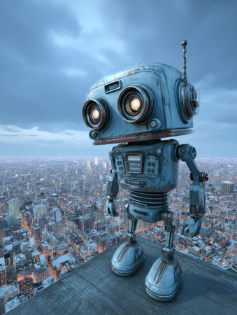 A vintage robot overlooks a sprawling city at dusk, embodying a futuristic urban vibe.の素材