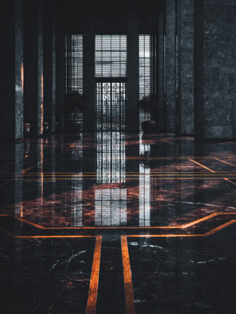 Dark and dramatic setting showcases stunning marble floors with intricate patterns reflecting windows and light.の素材