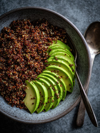 A bowl holds cooked quinoa and fresh avocado slices, highlighting a nutritious and visually appealing dish.の素材
