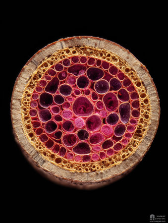 A close-up of a plant cross-section shows vibrant cellular patterns, showcasing natures design.の素材