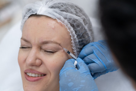 A patient receives botulinum injections for wrinkles in a comfortable clinic setting.の写真素材