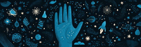 A hand reaches for a starry sky filled with cosmic symbols, evoking wonder and exploration.の素材