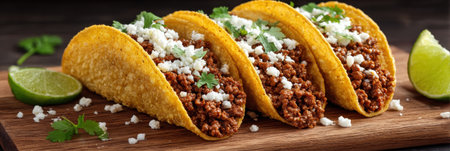 Tacos filled with savory meat, cheese, and fresh cilantro, served with lime wedges on a wooden board.の素材