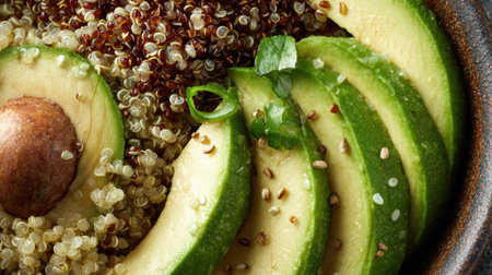 Sliced fresh avocado complements cooked quinoa, garnished with herbs, creating a healthy meal in a rustic bowl.の素材