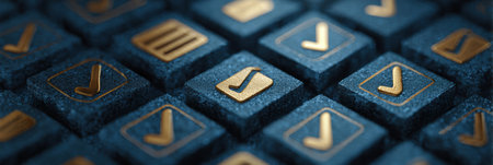 Blue textured buttons with golden check marks in a grid, giving a modern digital interface look.の素材