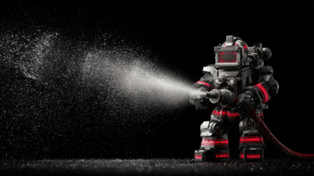 A toy firefighter figure sprays water using a hose in an exciting action scene with a dark backdrop.の素材
