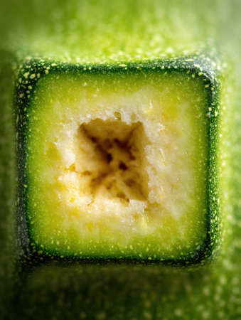 Close-up of a vibrant green zucchini showing its square cross-section and inner texture in natural light.の素材