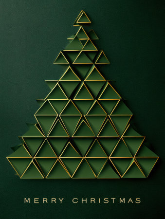 A Christmas tree is made from green triangles with golden edges; text below reads Merry Christmas.の素材